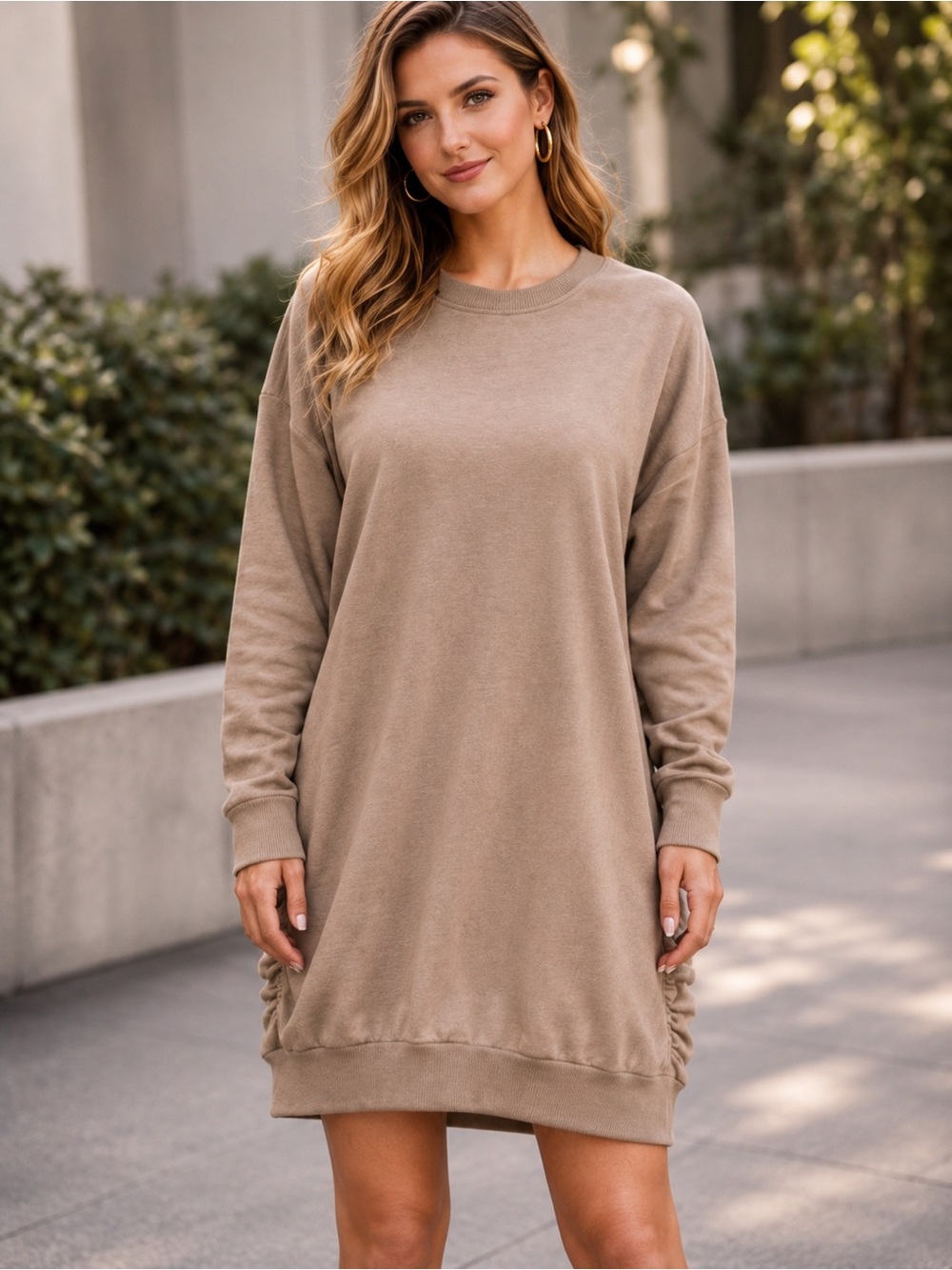 Nordstrom Soft N Warm Cotton Sweatshirt Dress Tan Beige Side Slit Ruffle Medium
